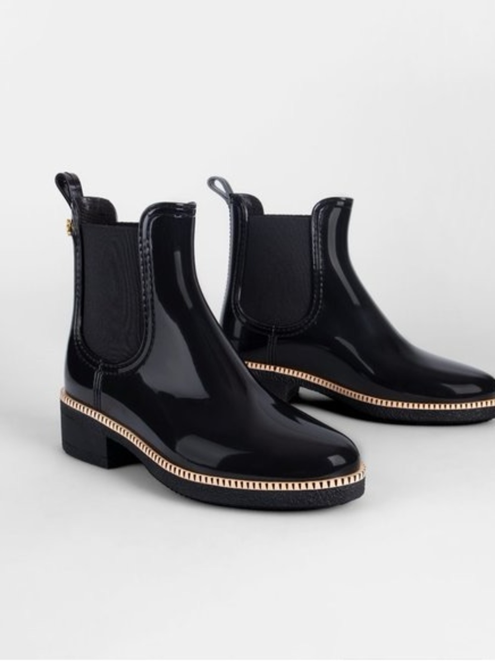 Lemon Jelly Ava Patent Black Chelsea Ankle Boots with Tan Trim